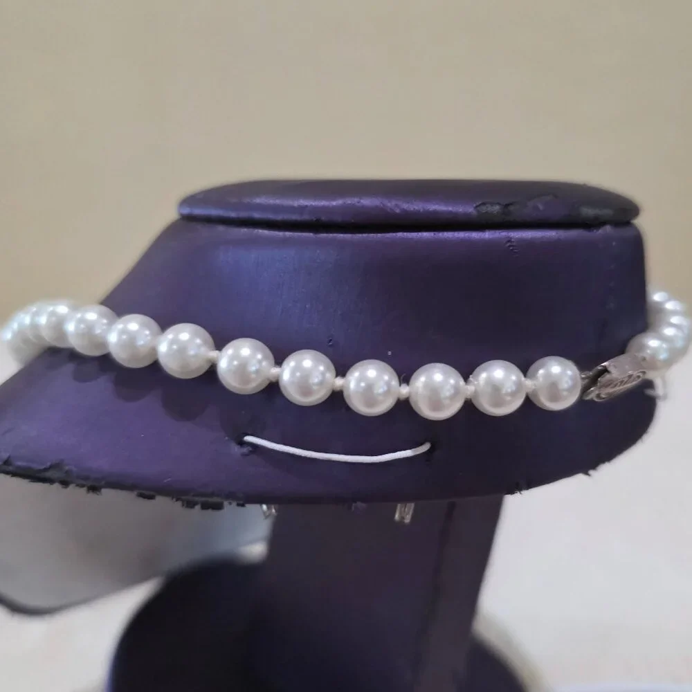 Vintage 7mm Heavy White Faux Pearl Silver Asian Design 925 Clasp 18